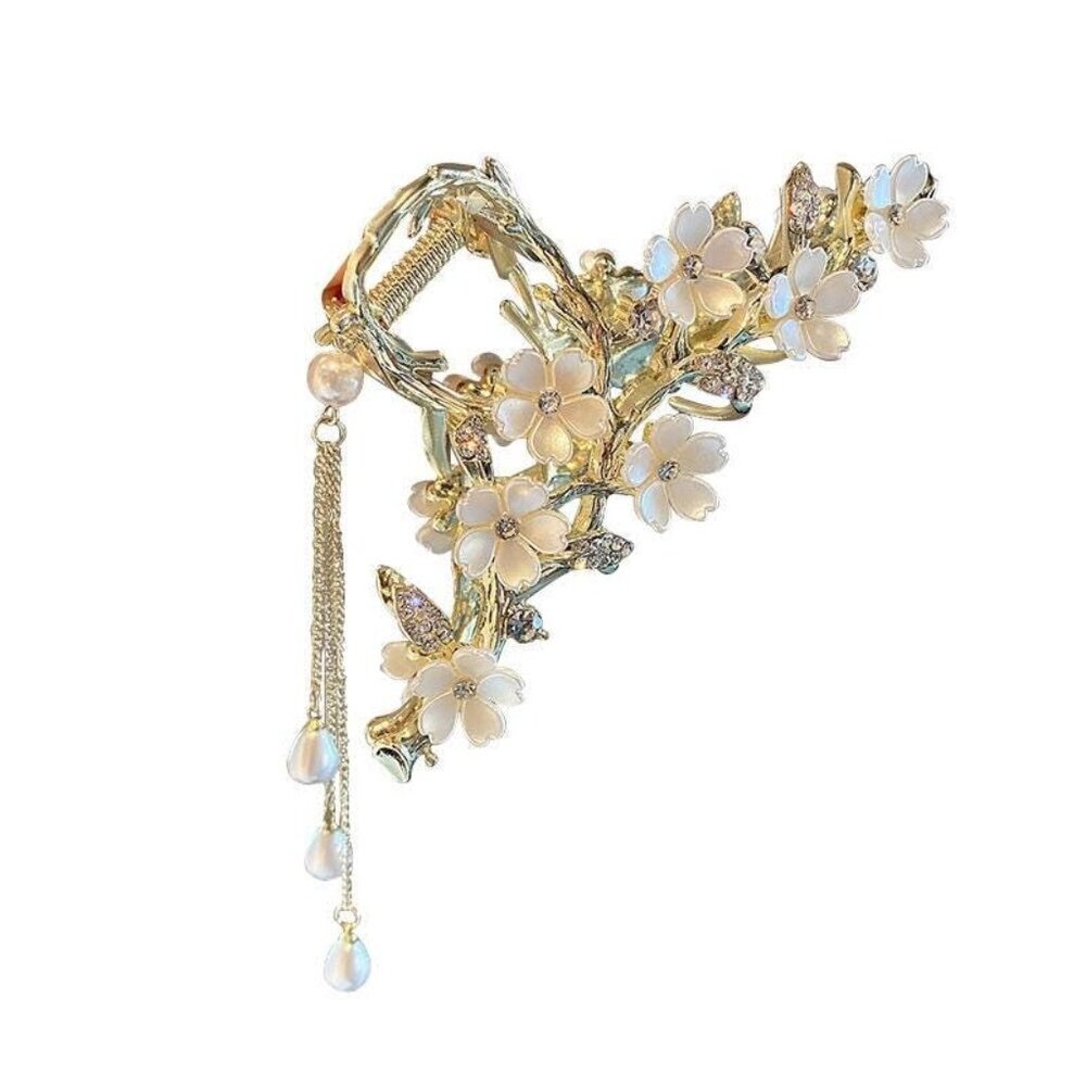 Elegant Floral Hair Clip, Pearl Tassel Bun Holder, Gold Lily of The Valley Desig